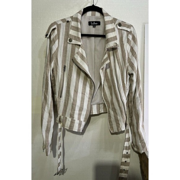 Lulu’s Vacation Signature Taupe and Ivory Striped Belted Moto Jacket Large - Picture 5 of 16